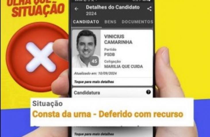 Justiça Eleitoral afirma que informações sobre candidatura quase indeferida de Vinicius Camarinha são corretas