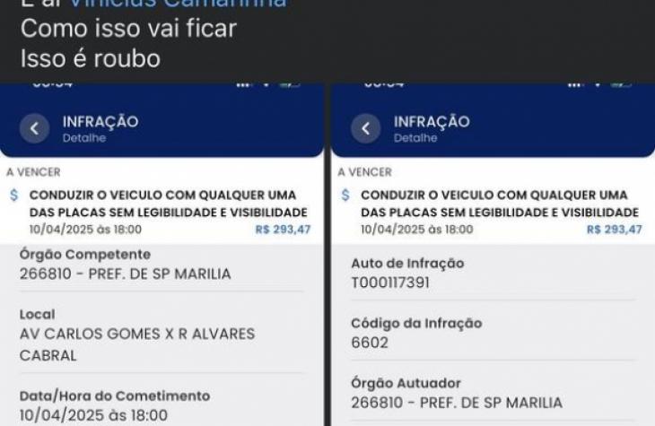 Multado por placa invisível, mas Emdurb conseguiu ver pra aplicar a multa