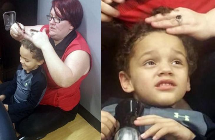 Cabeleireira senta no chão pra cortar cabelo de menino autista