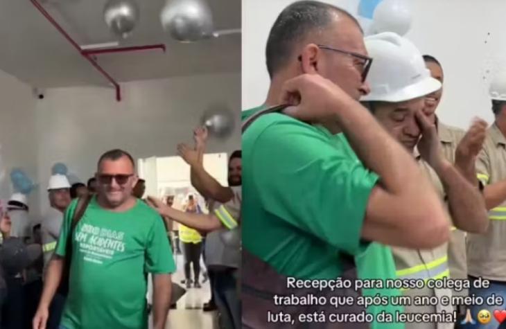 Depois de vencer a leucemia, Paulo é recebido com festa emocionante no trabalho