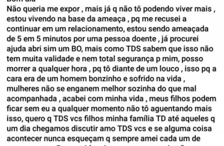 MULHER FAZ APELO EM REDES SOCIAIS POR ESTAR SENDO AMEAÇADA DE MORTE PELO EX-COMPANHEIRO.